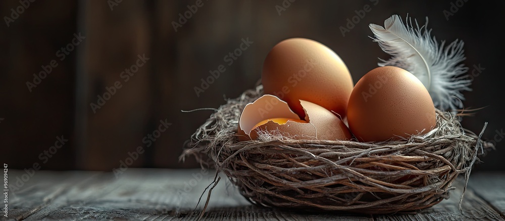 Poster Brown eggs in a basket a broken egg with yolk and a feather on a dark rustic table background Top view. with copy space image. Place for adding text or design