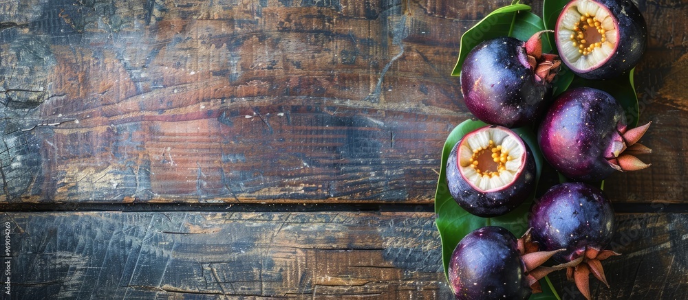 Fototapete mangosteen fruit on a wooden table seen from above. with copy space image. place for adding text or 