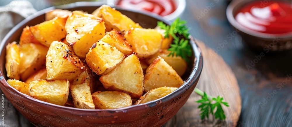 Poster Homemade fried potato cubes served with ketchup. with copy space image. Place for adding text or design