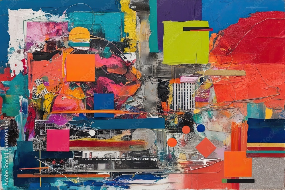 Poster dynamic mixed media art with bold colors textures and graphic elements in a vibrant palette