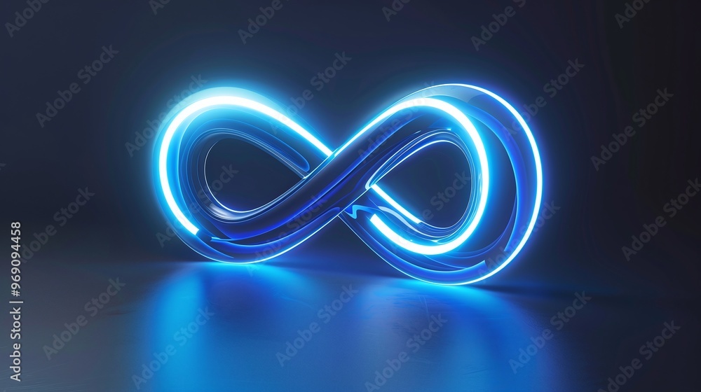 Poster glowing neon loop symbol with an abstract blue shape and digital line design, perfect for energy log