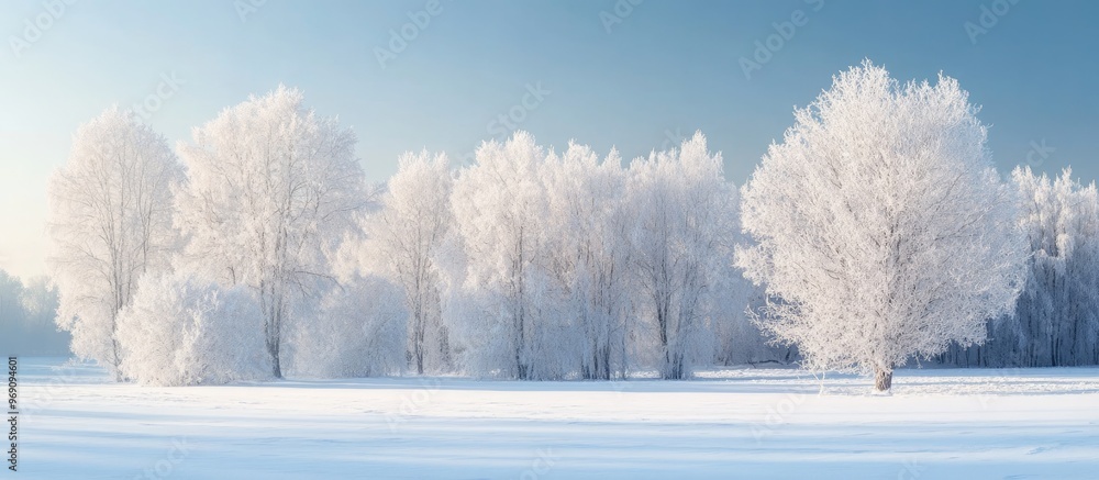 Fototapete Winter trees covered in white rime A naturally beautiful backdrop featuring frosted trees in winter. with copy space image. Place for adding text or design