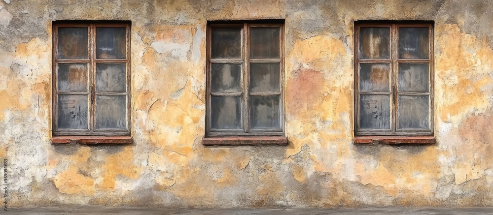 Poster Textured old wall with panoramic windows. with copy space image. Place for adding text or design