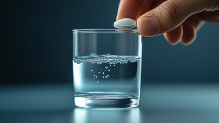 Hand holding a glass of water with a white tablet about to be dropped in, close-up on blue background, representing medication, healthcare, treatment concept with focus on hydration,  dissolving pills