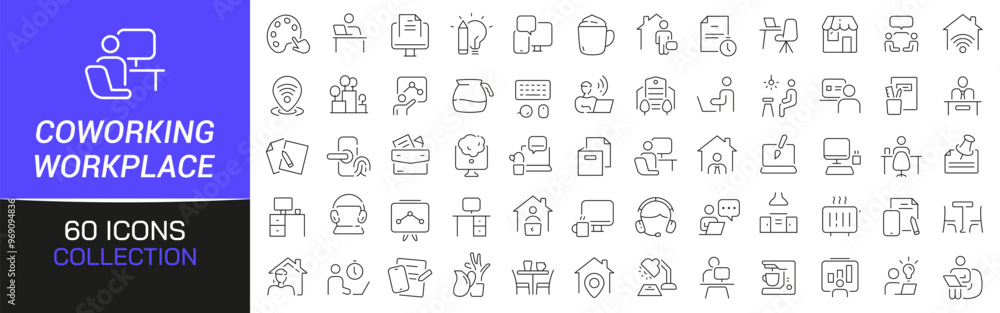 Poster coworking and workplace line icons collection. thin outline icons pack. ui icon collection. set of l