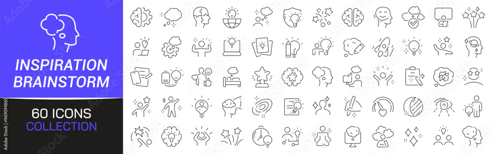 Poster inspiration and brainstorm line icons collection. thin outline icons pack. ui icon collection. set o
