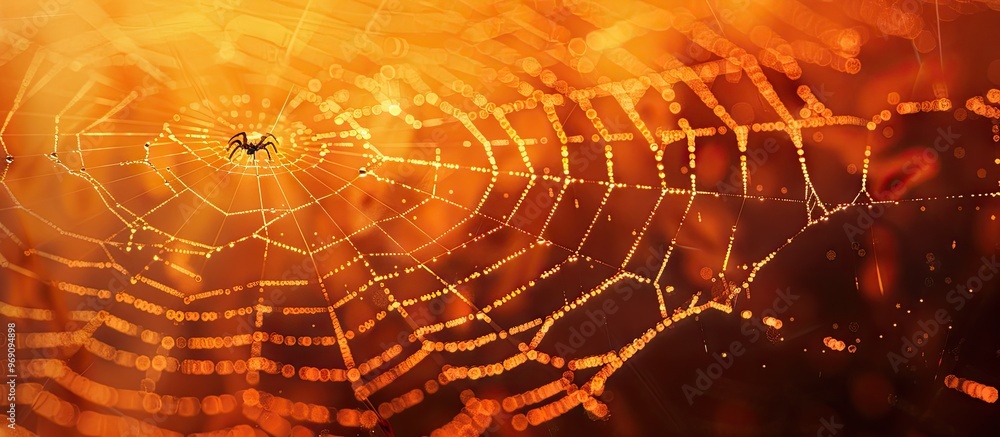 Poster Partially blurred view of an empty spider web with delicate lines set against a blurred orange cave background with copy space