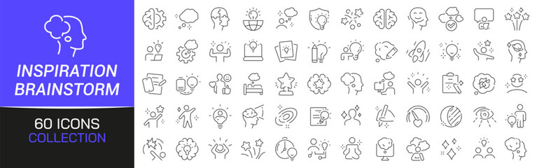 Inspiration and brainstorm line icons collection. Thin outline icons pack. UI icon collection. Set of line web pictogram