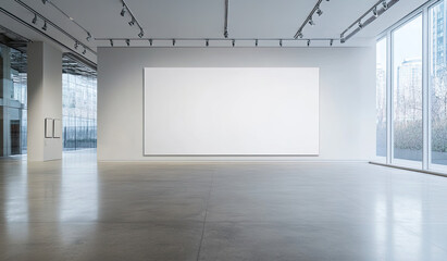 A blank white frame on the wall of an art gallery, with a large-format canvas in front of it. Created with Ai