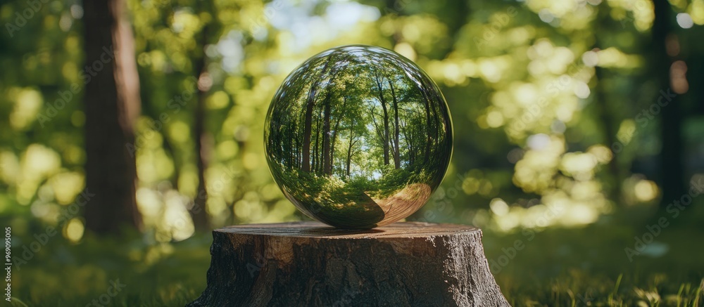 Fototapete Beautiful green trees outdoors with an inverted reflection A crystal ball on a stump in the forest Area for text. with copy space image. Place for adding text or design