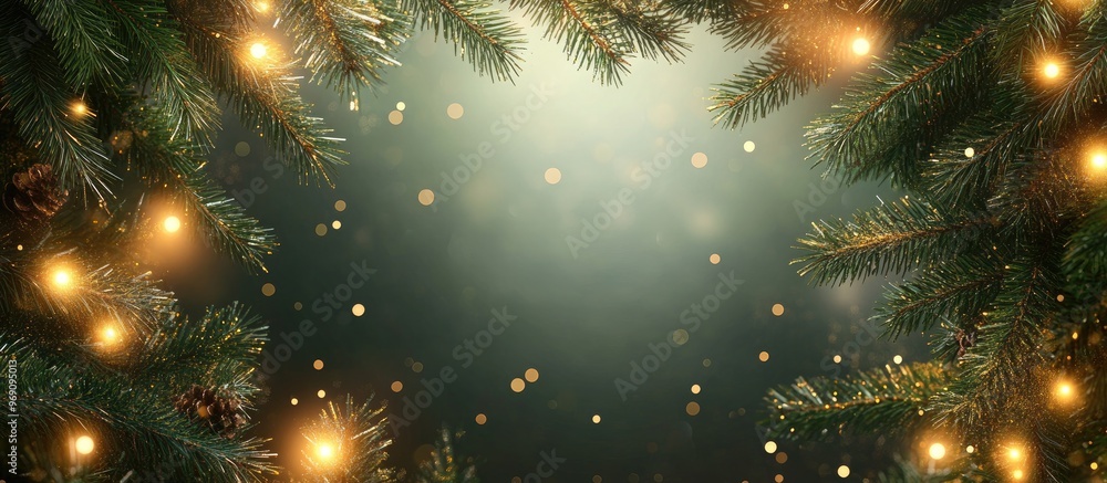 Poster christmas background featuring a frame of fir branches lights and copyspace