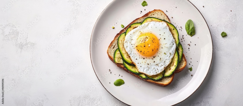 Aufkleber breakfast toast topped with avocado guacamole grilled zucchini and a fried egg brunch top view flat 