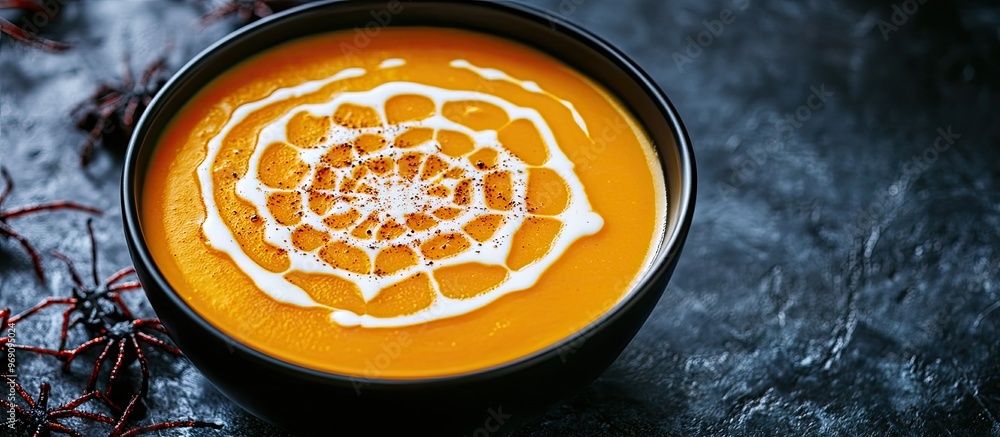 Aufkleber Pumpkin cream soup topped with a spider web of fresh cream in a black bowl. with copy space image. Place for adding text or design