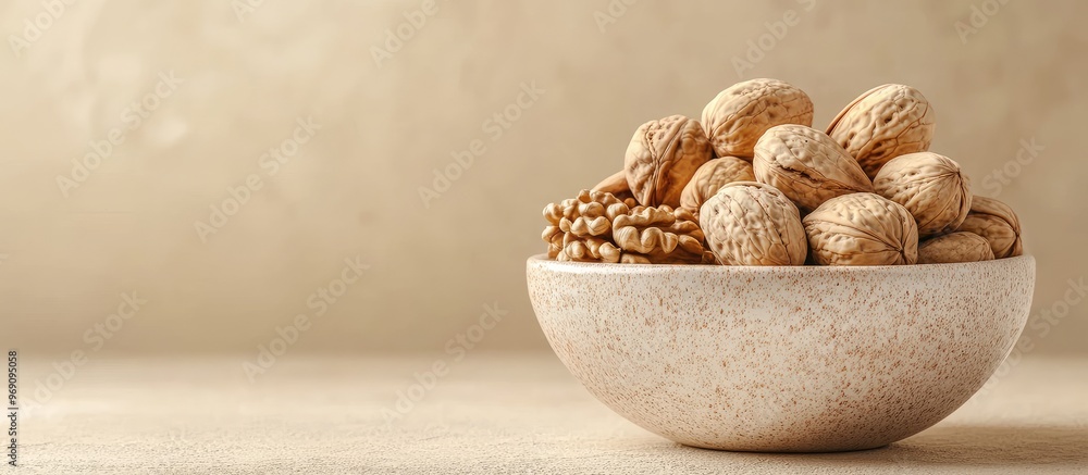 Poster bowl of large organic walnuts with a beige background. with copy space image. place for adding text 