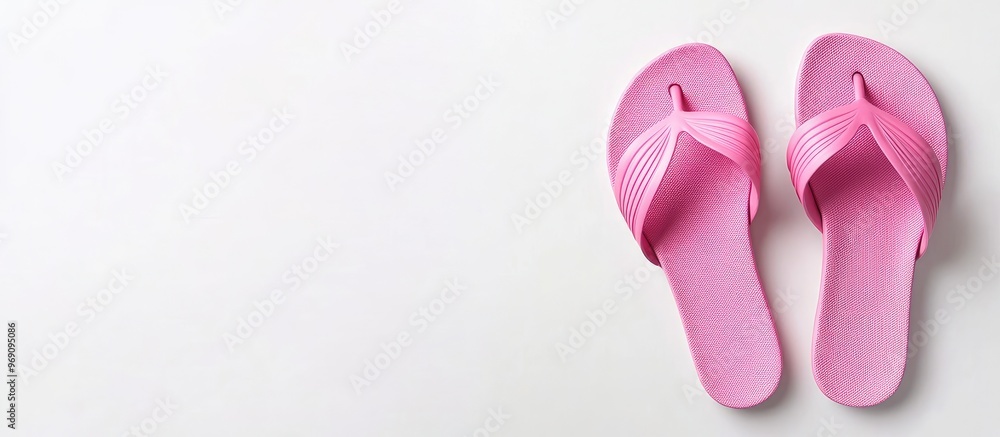 Poster Chic pink flip flops on a white background top view Area for text. with copy space image. Place for adding text or design