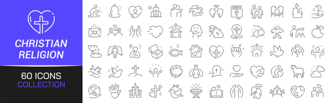 Christian religion line icons collection. Thin outline icons pack. UI icon collection. Set of line web pictogram