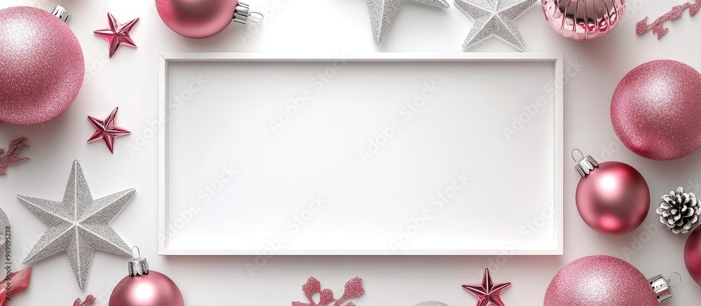 Poster christmas decorations pink balls silver christmas stars and a frame on a white background flat lay t