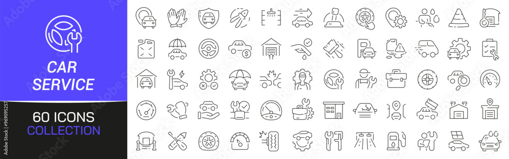 Poster car service line icons collection. thin outline icons pack. ui icon collection. set of line web pict