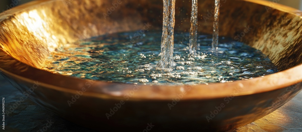 Aufkleber water flows into the copper wash basin. with copy space image. place for adding text or design