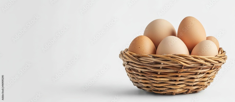 Leinwandbilder eggs in a woven basket set against a white background. with copy space image. place for adding text 