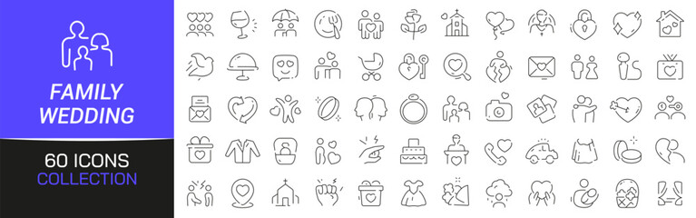 Family and wedding line icons collection. Thin outline icons pack. UI icon collection. Set of line web pictogram