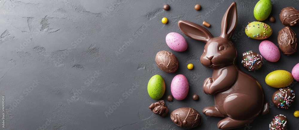 Poster Chocolate Easter bunnies and sweets on a grey background. with copy space image. Place for adding text or design