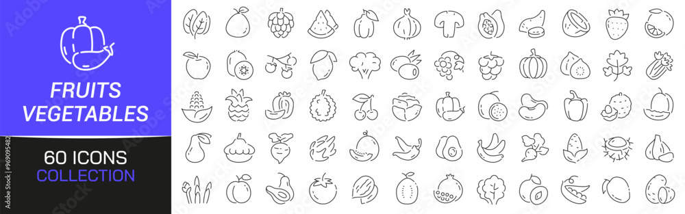 Poster fruits and vegetables line icons collection. thin outline icons pack. ui icon collection. set of lin