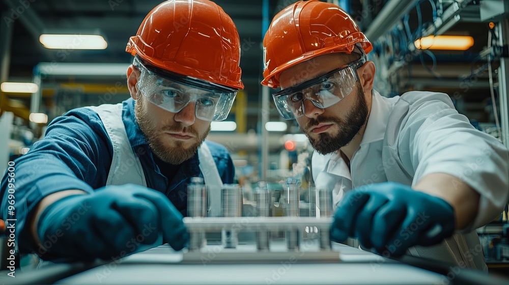 Wall mural Two factory workers in helmets and goggles inspecting equipment in a modern industrial facility for quality assurance.