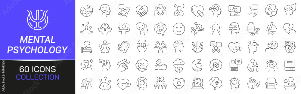 Poster mental and psychology line icons collection. thin outline icons pack. ui icon collection. set of lin