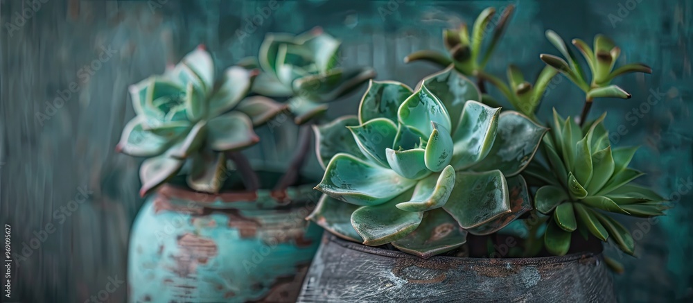 Aufkleber Small succulent plant on a rustic backdrop Selective focus Shallow depth of field. with copy space image. Place for adding text or design