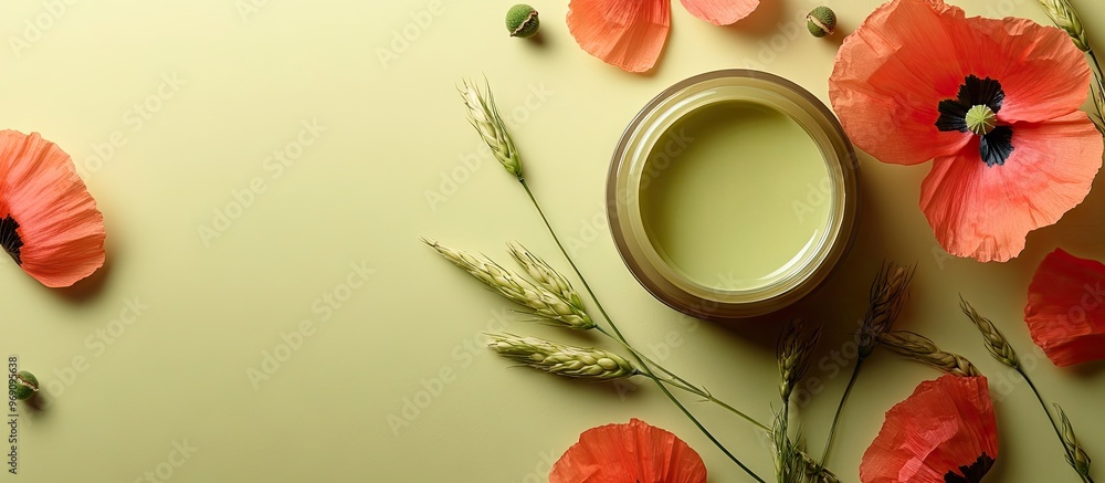 Poster Natural organic salve balm cream infused with poppies and wheatgrass. with copy space image. Place for adding text or design