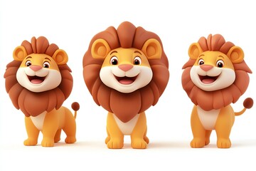 Fototapeta premium Set of 3D cute happy cartoon lion, isolated on white background