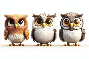 Fototapeta premium Set of 3D cute happy cartoon owl, isolated on white background