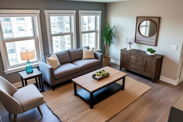 Fototapeta premium 3D Visualization of Modern Condo Living Room Featuring Fabric Sofa Farmhouse Coffee Table and Jute Rug in Aerial Perspective
