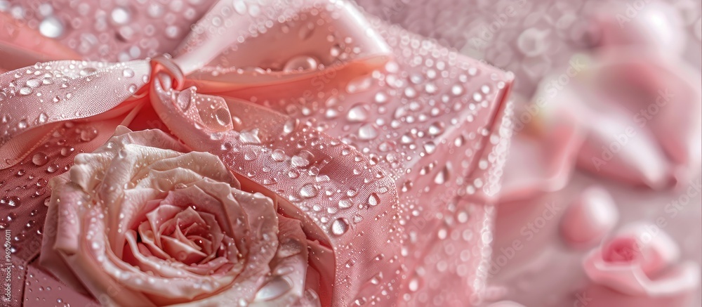 Poster Pink rose with a gift box and water droplets on a pink background room for text. with copy space image. Place for adding text or design