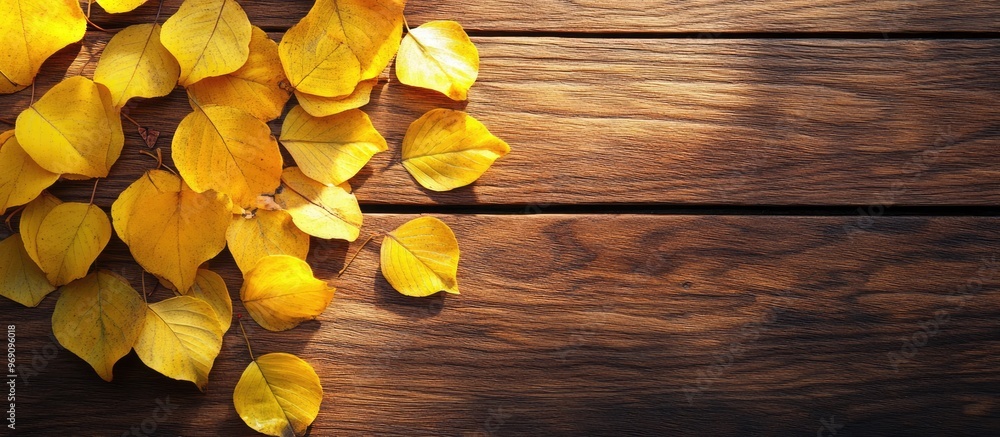 Aufkleber Yellow leaves rest on the brown board. with copy space image. Place for adding text or design