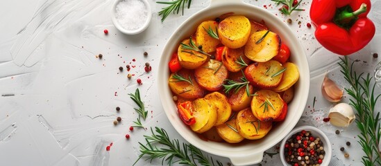 Baked potatoes in a baking dish Rosemary and peppers on the table White background Flat lay Copyspace