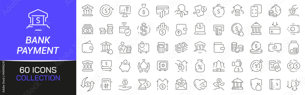 Poster bank and payment line icons collection. thin outline icons pack. ui icon collection. set of line web