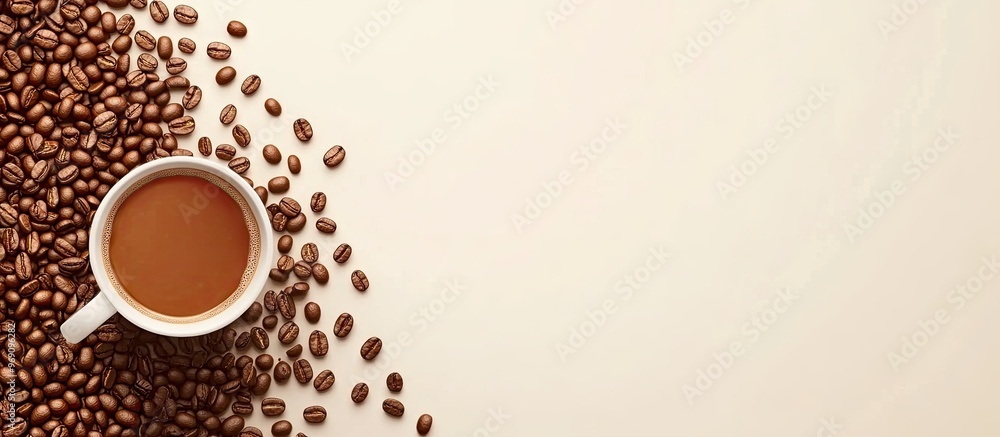 Aufkleber cup of coffee with a backdrop of coffee beans. with copy space image. place for adding text or desig