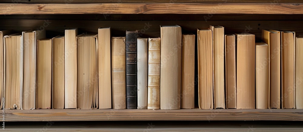 Poster books on the wooden table room for texture education concept. with copy space image. place for addin