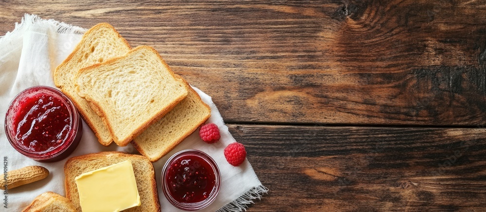 Poster ingredients for a tasty breakfast toasted bread butter peanut butter and homemade raspberry jam on a