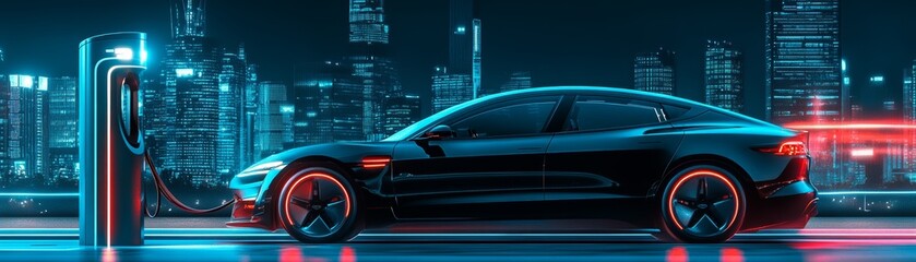 Electric Car Charging at Night in Cityscape