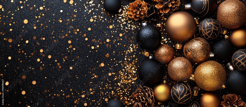 Aufkleber Frame created from Christmas balls with decorative items in gold and black colors Flat lay top view. with copy space image. Place for adding text or design
