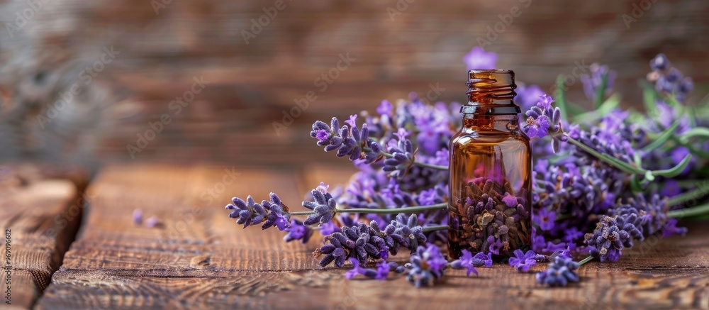 Poster lavender treatment on a wooden surface. with copy space image. place for adding text or design