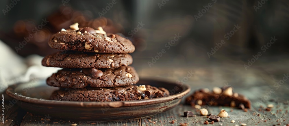Poster Home made chocolate cookies stacked atop each other detailed photography. with copy space image. Place for adding text or design
