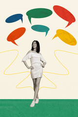 Collage image artwork of cheerful lovely glad girl say tell news empty space isolated on drawing background