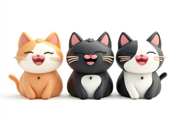 Obraz premium Set of 3D cute happy cartoon cats, isolated on white background