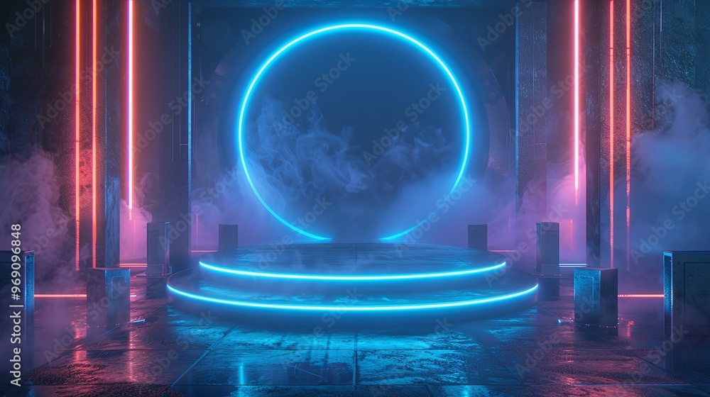 Poster virtual platform with a 3d podium and blue neon hologram screen, set in a futuristic cyberpunk space