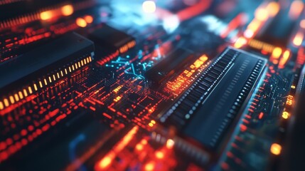 Obraz premium A dynamic composition showcasing computer hardware components, including memory sticks and connectors, layered over an abstract background of flowing digital data and technology patterns.