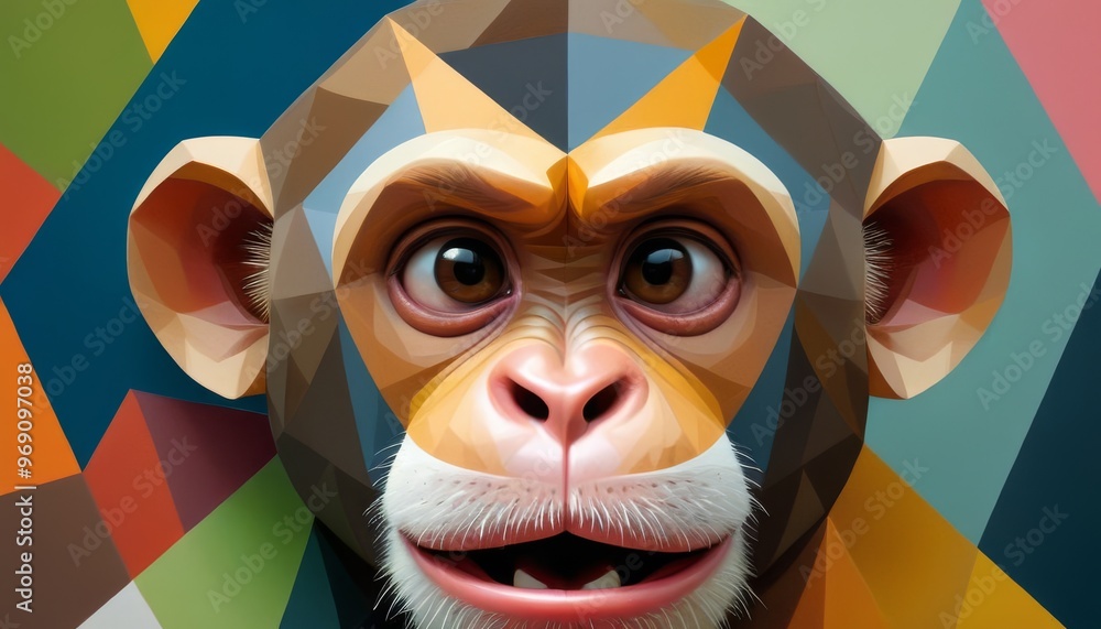 Poster a vibrant and colorful geometric illustration of a chimpanzee against an abstract background. the bo